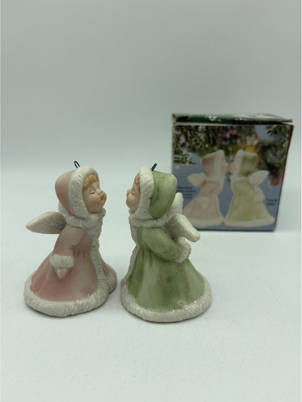 Vintage MCM Pastel Kissing Angels Bell Ornaments Set Christmas Glitter Giftco